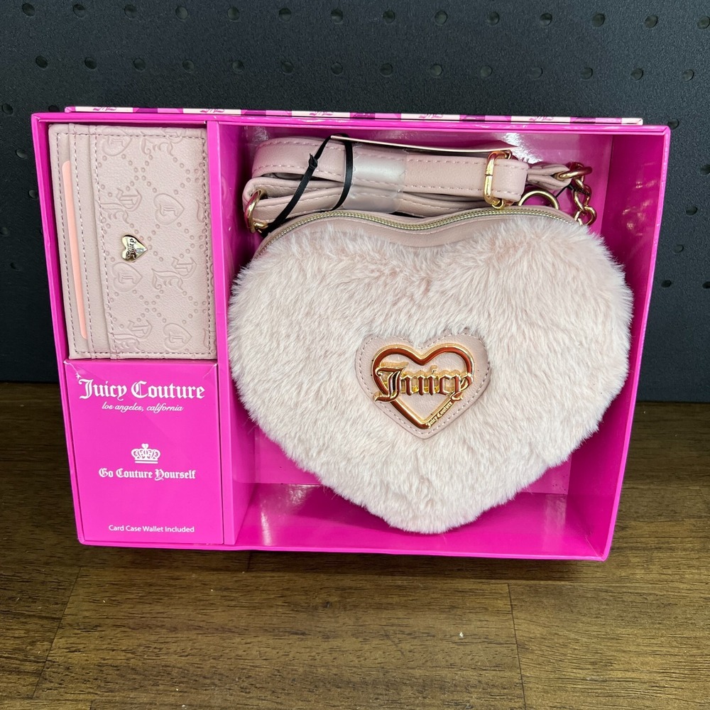 Juicy Couture Blush Pink Heart Fluffy Purse Bag & Cardholder Gift Set NIB NWT